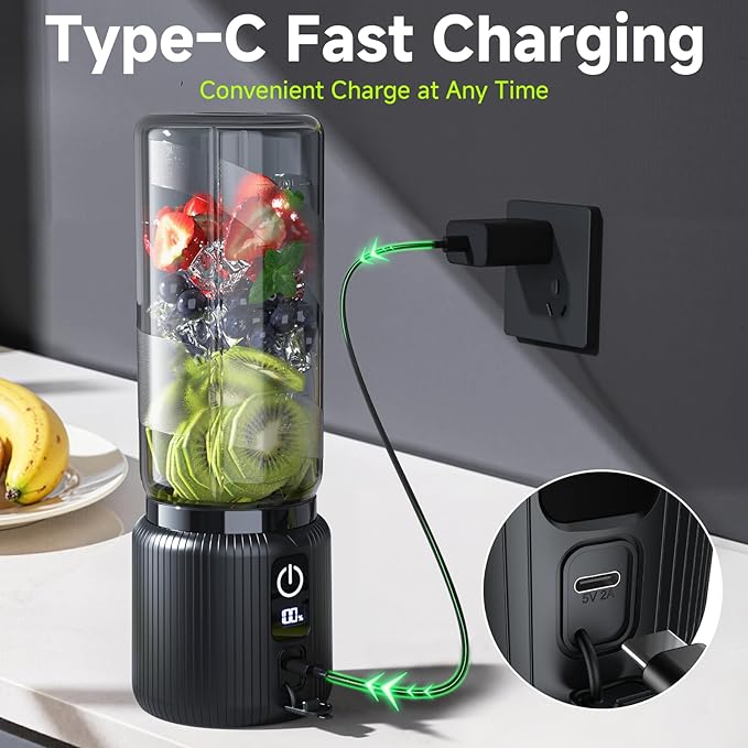 COKUNST Portable Blender Small Smoothie &amp Shake Maker with 8 Blades Compact Personal Blender with LED Display USB C Rechargeable Juice Mixer with Extra Lid for Travel Gym Home 17oz Black