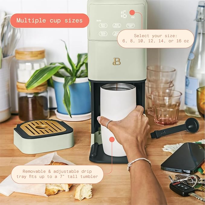 B - Perfect Grind Programmable Single-Serve Coffee Maker with Built-In Grinder Fresh Ground Brewing Touch Controls Reusable Filter Compact Countertop Design (Sage Green)
