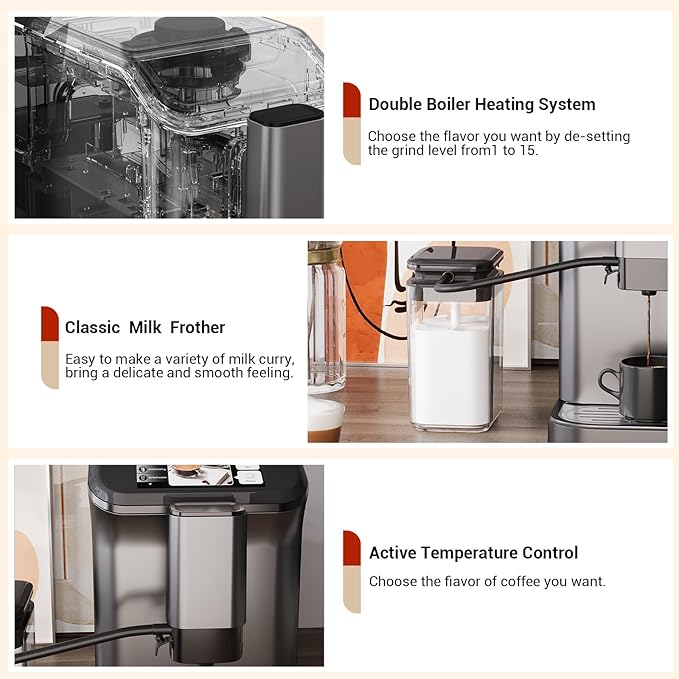 Espresso Machine Built-in Grinder Coffee Maker with TFT Color Screen Automatic Milk Frother Coffee Machine 20 Bar Pump + 15 Grind Settings 1.5L Water Tank + Auto Rinse 120V 1350W Star Gray