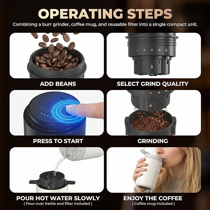 HAUSHOF Portable Coffee Maker Travel Coffee Maker Battery Operated Small Pour Over Set Compact Coffee Maker with Electric Grinder &amp Insulated Mug for Travel Camping Car