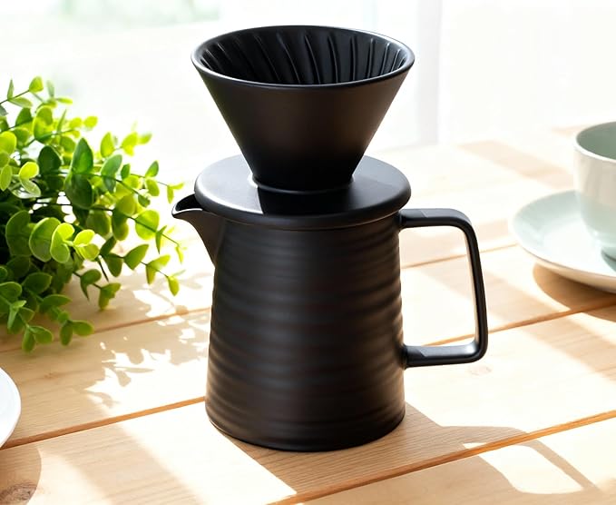 BeeCa Premium Black Ceramic Pour Over Coffee Maker Set 17oz/500ml V60 Brewer Retains Optimal Heat &amp Flavor Includes Paper Filters Home Office Cafe Multi-Serving