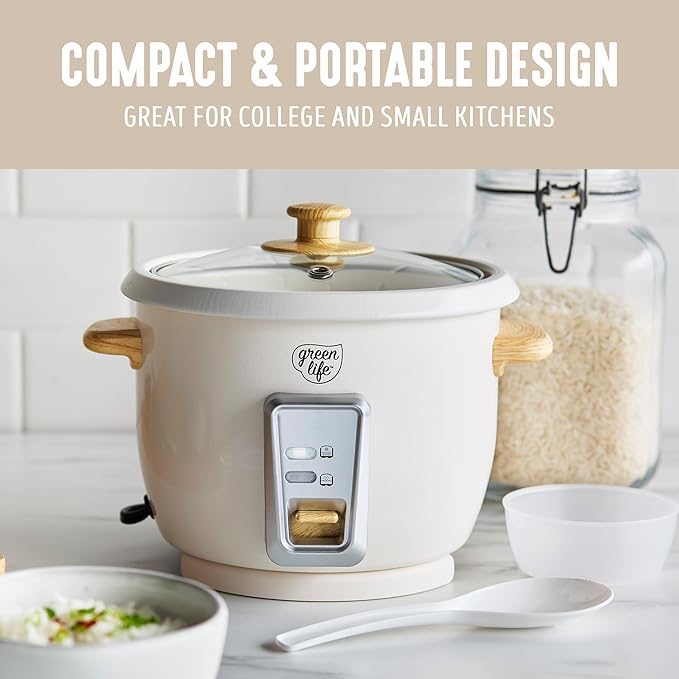 GreenLife Rice Cooker with Removable PFAS-Free Ceramic Nonstick Pot 3-Cups Uncooked/6-Cups Cooked Grains &amp Oatmeal Multicooker Compact One-Switch Design Auto Keep Warm Easy Clean Cream