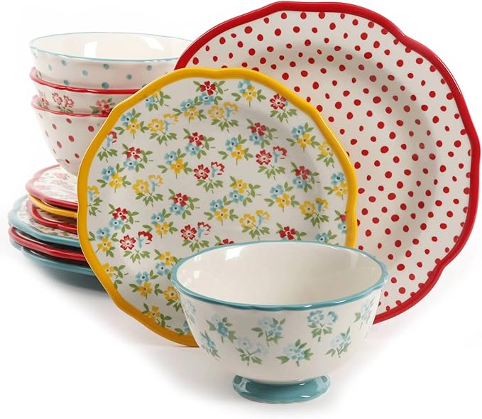 12-Piece Stoneware Dinnerware Set Multicolor Pattern Service for 4