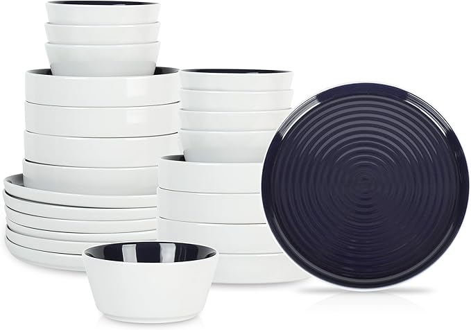 Stone Lain Elica 24-Piece Modern Dinnerware Set Stoneware Plates and Bowl Sets for 8 Navy and White
