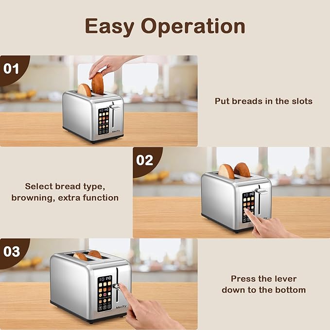 Mecity 2 Slice Toaster Touch Screen 1.5 Wide Slot Stainless Steel Smart Bread Toaster for Bagel Muffin Waffle Gluten Free Breads Timer Defrost Reheat 120V 825W