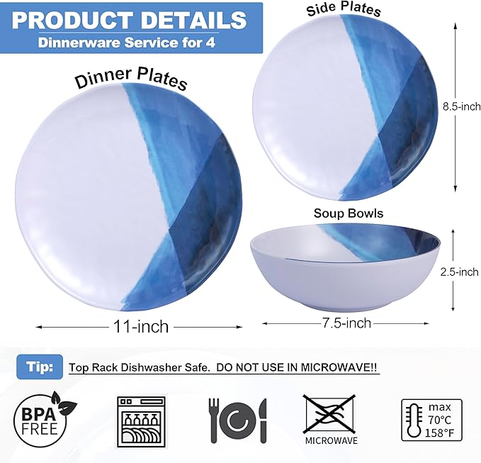 Webbylee Melamine Dinnerware Set for 4-12pcs Melamine Plates and Bowls Set for Indoor/Outdoor Use Scratch-Resistant Dish SetLightweight&ampDishwasher Safe Blue Dinnerware