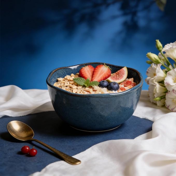 Organic Shape Highland Ceramic Cereal Bowl 24pcs 5.5 Inch Handmade Reactive Glaze Stoneware Rice bowl with Wavy Edge for Kitchen Microwave &amp Dishwasher Safe Scratch Resistant-Blue