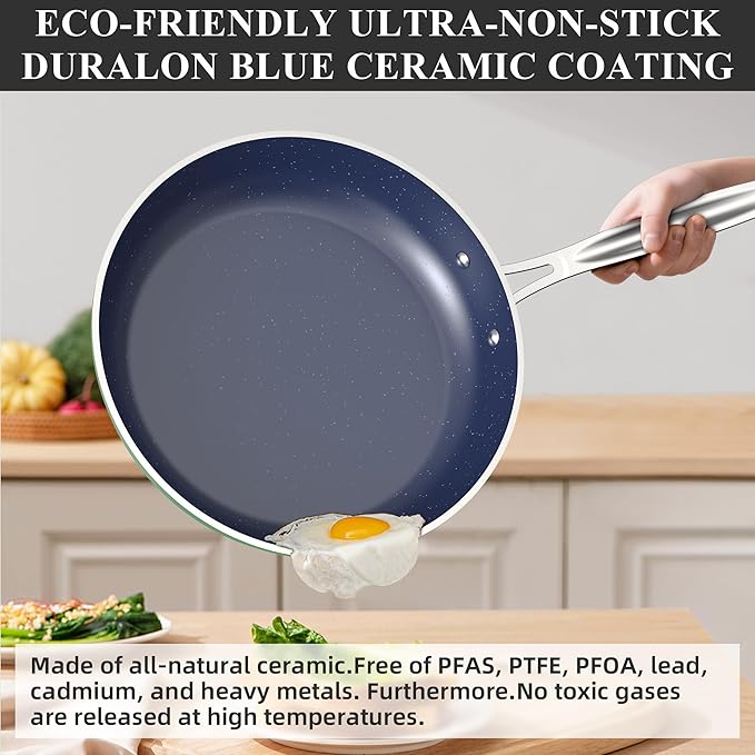 Nuwave Healthy Duralon Blue Ceramic Nonstick Cookware Set Diamond Infused Scratch-Resistant PFAS Free Dishwasher &amp Oven Safe Induction Ready &amp Evenly Heats Tempered Glass Lids &amp Stay-