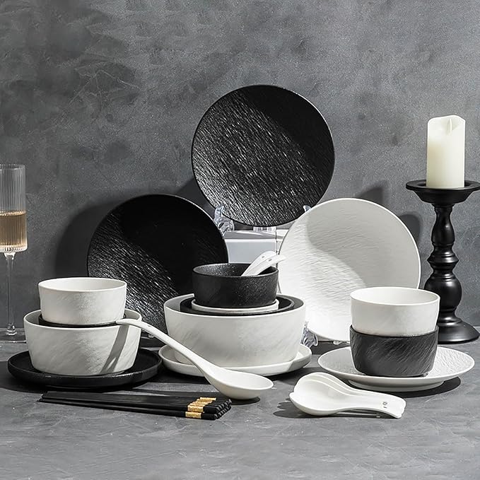 28/30 Pieces Dish Sets for 6 Black and White Serving Plates and Bowls Sets Frosted Texture Dinnerware Set Hard and Durability Scratch Resistant Dishware Set Dishwasher &amp Microwave &amp Oven Safe(