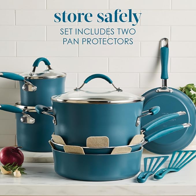 Rachael Ray Cucina Ceramic Cookware Set - 13 Pieces - Ceramic Pots and Pans Set w/Nonstick Frying Pans Saute Pan Saucepans Stockpot Lids Pan Protectors &amp Cooking Utensils - Marine Blue