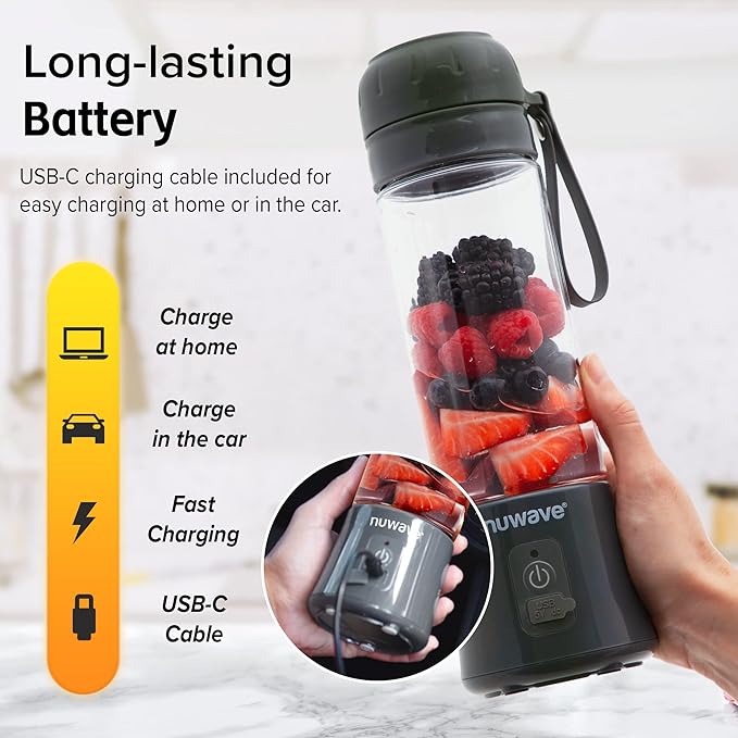 Nuwave Portable Blender with USB-C Rechargeable 6-Blade for Crushing Ice BPA Free 18 Oz Jar Smoothies Blender for Travel Office and Sports Obsidian Gray