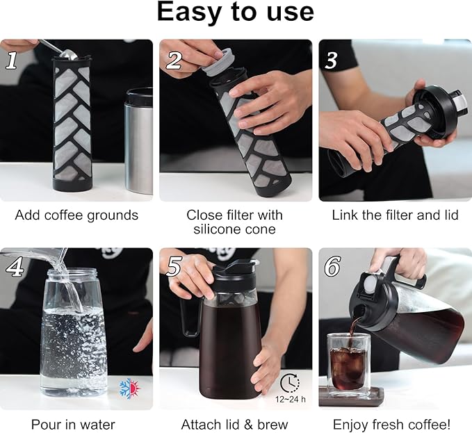 Sivaphe Large Ice Cold Coffee Maker 64 oz Dishwasher Safty Traitan Carafe Pitcher Leak Proof Iced Hot Coffee/Tea Brewer Method 2 Quart with Reusable Filter