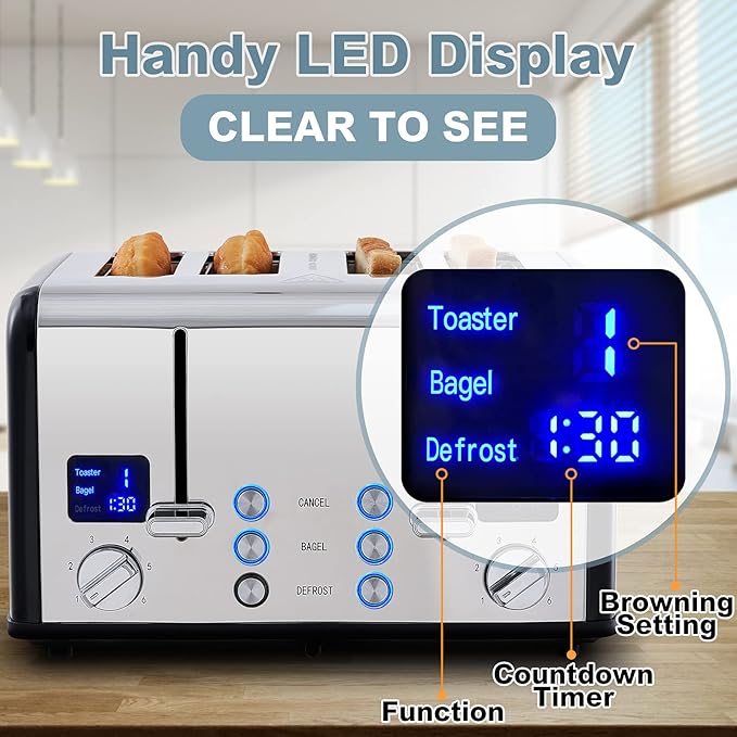 CUSIMAX 4 Slice Toaster Ultra-Clear LED Display &amp Extra Wide Slots Stainless Steel Toaster with Dual Control Panels of 6 Shade Settings Cancel/Bagel/Defrost Function Removable Crumb Trays Bla