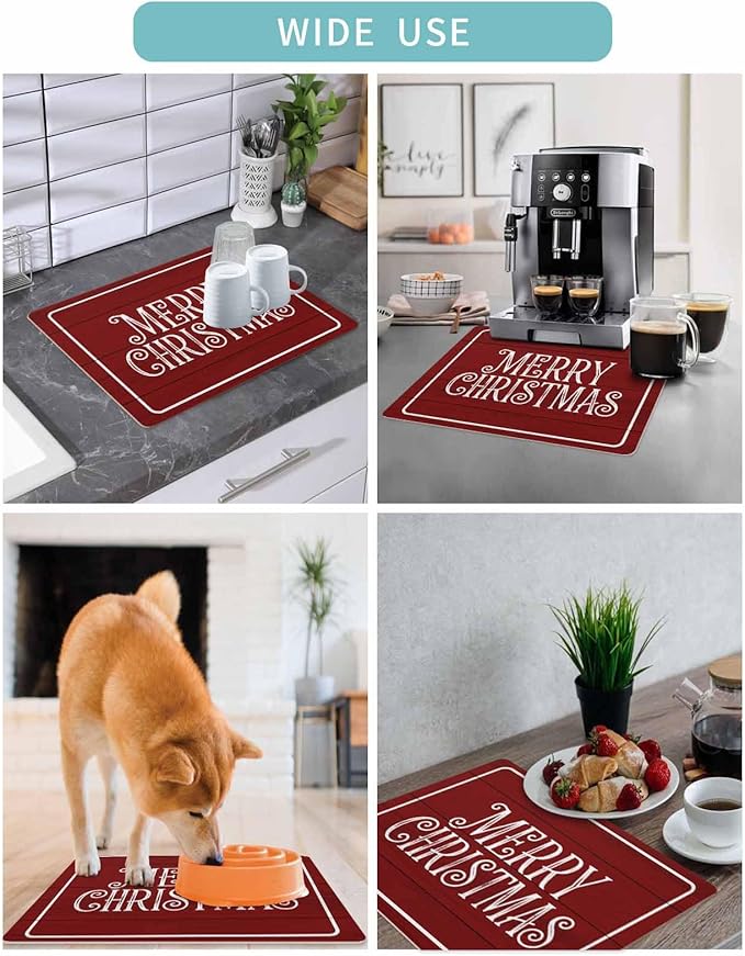 Coffee Mat for Counter Merry Christmas Rustic Red Wood Grain Absorbent Hide Stain Coffee Bar Mat Non-slip Coffee Bar Accessories Kitchen Drying Mat Fit Under Coffee Maker Espresso Machine