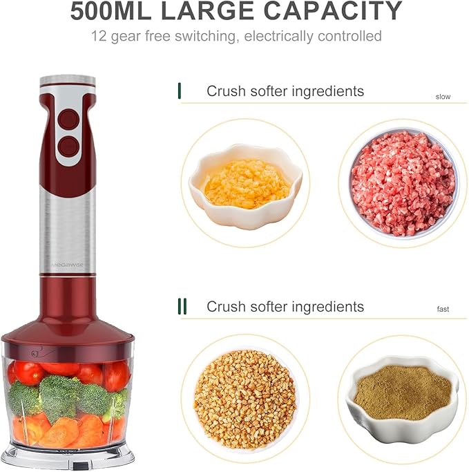 MegaWise 5-in-1 Immersion Hand Blender Set with Variable Speed 400W Stainless Steel - Includes Chopper Whisk Milk Frother and Beaker - Ideal for Soups Smoothies Baby Food &amp More (RED)