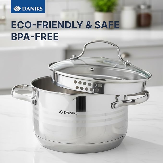 Daniks Tokio Stainless Steel Stock Pot 3 Quart with Glass Strainer Lid Induction Ready Dishwasher Safe Measuring Scale Silver