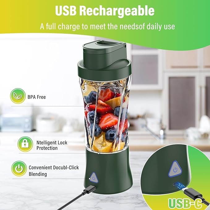 Portable Blender 360W Personal Blender for Shakes and Smoothies for Kitchen 24 Oz BPA Free Traveling Juicer Cup and Lid with 6 Blades Self Cleaning Portable Juicer for Kitchen/Travel/Gym Blue