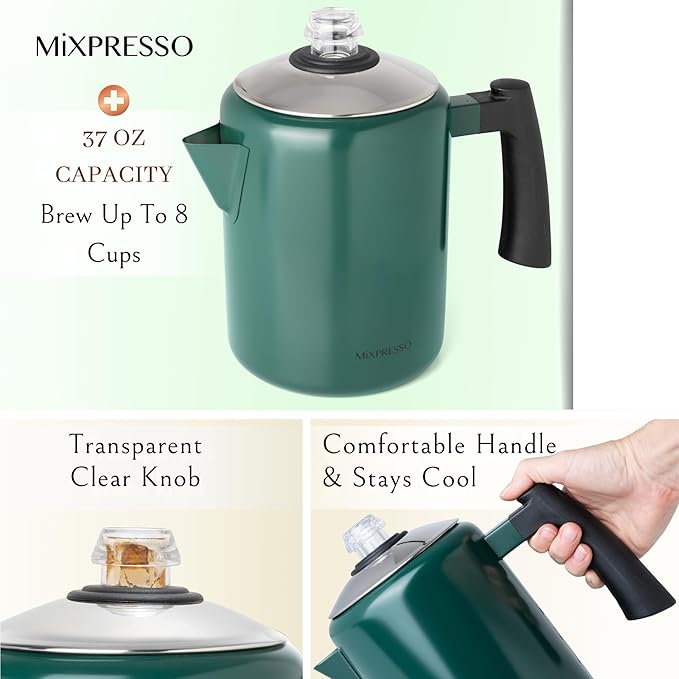 Mixpresso Green Stainless Steel Coffee Percolator Stovetop 37oz Classic Percolator Coffee Pot Great For Camping Pot 5-8 Cup Stove Top Espresso Maker Cool-Touch Handle