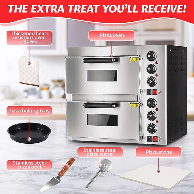 Double Deck Commercial Pizza Oven 16 Inch Countertop Electric Pizza Oven with Pizza Stone Max Temperature Up to 662°F Stainless Steel Fast Baking Pizza Maker 2800W Energy Efficient Easy to Clean