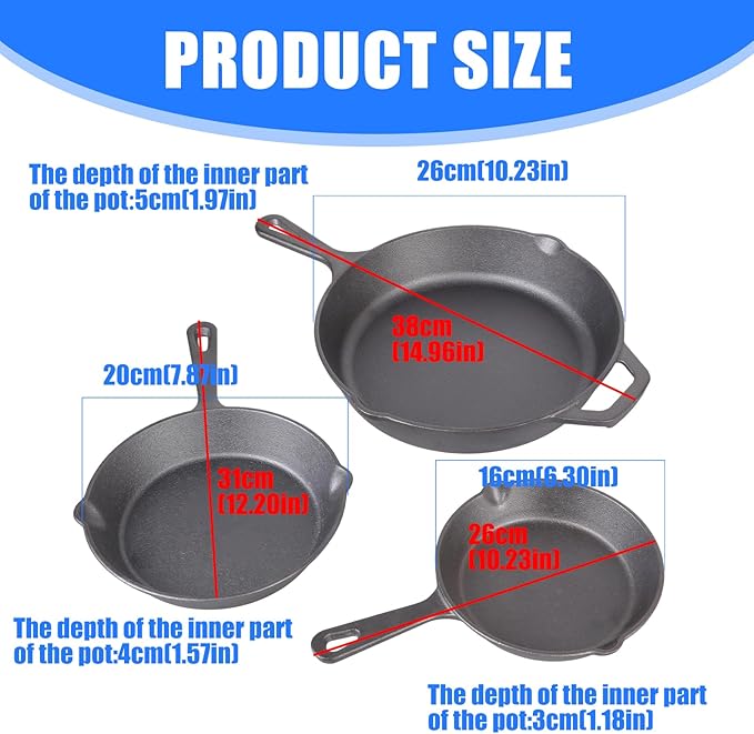 3Piece Set Heavy-Duty Professional Restaurant Chefs PreSeasoned Pan Cookware Set 6 8 10