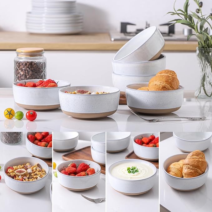 Hasense white cereal soup bowls and white dinnerware sets for 6 bundle