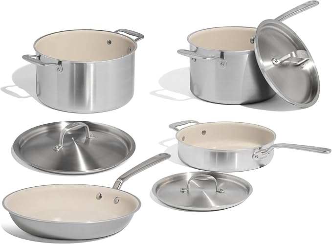 Made In Cookware | 7-Piece Ceramic Non Stick Pot and Pan Set (Stainless Handle) | 5-Ply Stainless Clad | Professional Cookware | Crafted in Italy | Induction Compatible