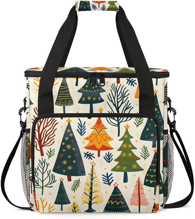 Retro Tree Xmas Coffee Maker Carrying Bag Portable Travel Storage Tote Bag Compatible with K-Mini or K-Mini Plus Single Serve Coffee Brewer Carrying Case with Multiple Pockets &amp Shoulder Strap