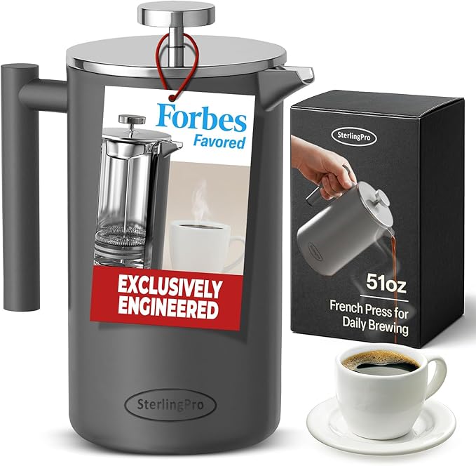 Stainless Steel French Press Coffee Maker 1.5 L (51 oz) Grey – Double Walled Insulated Large Coffee Press Durable Design Keeps Drinks Hot Easy to Use and Clean for Rich Flavor Brewing