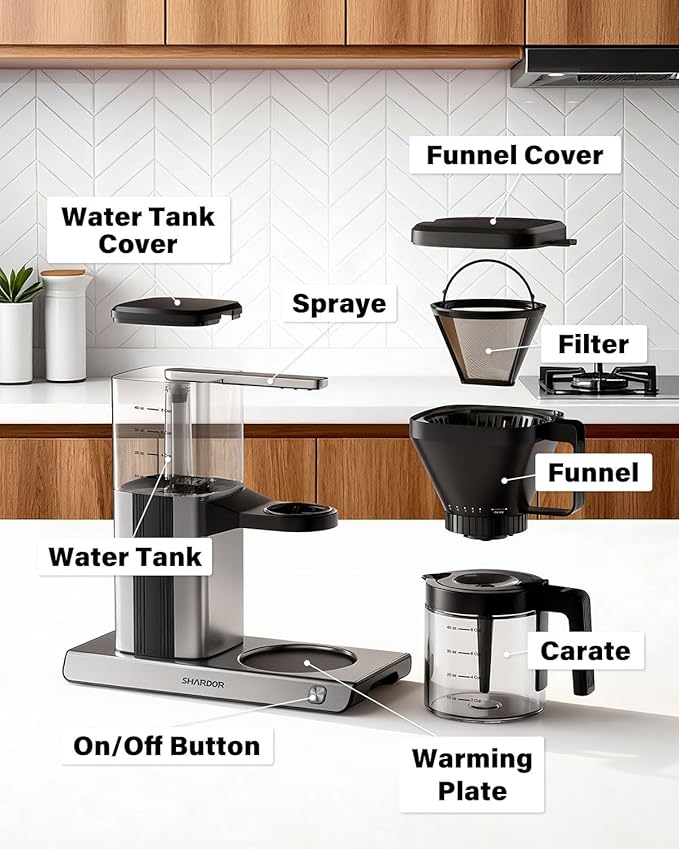 SHARDOR 8-Cup Drip Coffee Maker with Reusable Filter and Glass Coffee PotBlack and Sliver