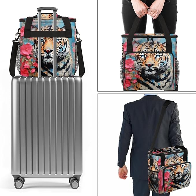 Tiger Coffee Maker Carrying Bag Oil Painting Flower Travel Storage Bag Compatible with K-Mini or K-Mini Plus Single Serve Coffee Brewer Carrying Case with Multiple Pockets &amp Shoulder Strap