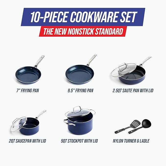 Blue Diamond 10 Piece Nonstick Cookware Set Diamond Ceramic Pots &amp Pans Dishwasher &amp Metal Utensil Safe Non Toxic PFAS-Free Kitchen Cooking Sauce &amp Saute Pans Oven &amp Broiler to 60