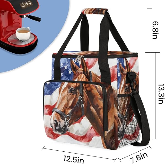 Coffee Maker Carrying Bag Horse American Flag Single Cup Coffee Maker Travel Bag Compatible with Keurig K-Mini or K-Mini Plus Portable Storage Bag with Shoulder StrapAZ-199