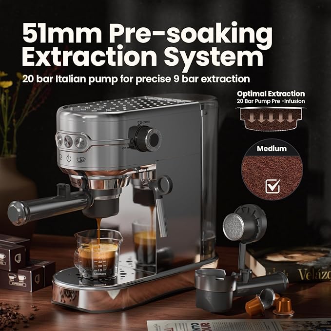 Espresso Machine - 20Bar Coffee Maker with Foaming Steam Wand: 1450W Compatible for Original Capsule &amp Ground Single-Serve Espresso Maker with 35Oz Removable Water Tank for Latte Kitchen