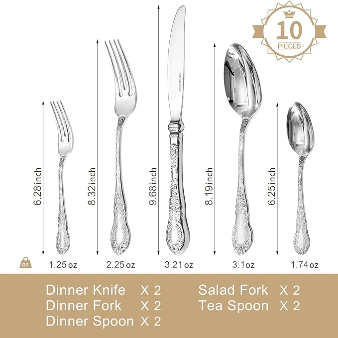 KINGSTONE Vintage Carved Silverware Set 10-Piece 18/10 Stainless Steel Flatware Cutlery Set with Retro Royal Thick Handle Tableware Utensils for Home Restaurant party Wedding Dishwasher Safe