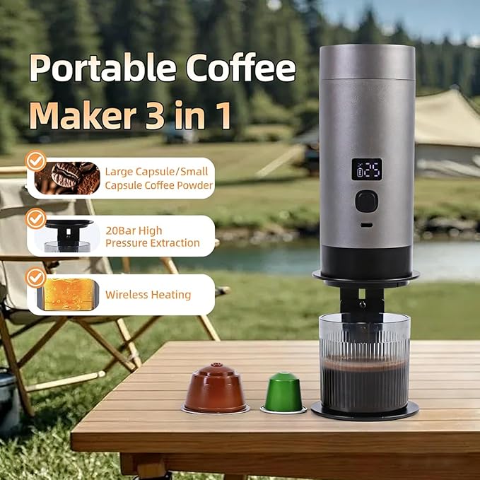 Wireless Mini Espresso Machine Portable Coffee Maker for Travel/Camping/Office 3-in-1 Single Serve Coffee Maker Compatible with Capsules&ampGround Coffee Gifts for Espresso Lovers (Black)