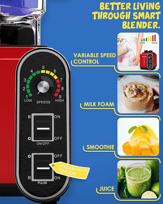 CRANDDI Smoothie Blender 52oz 1800 Watt commercial blender professional blenders Stainless Steel Blade 9 Speed &amp Self-Cleaning Build-in Pulse K98C Red