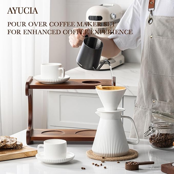 Pour Over Coffee Maker Set 22OZ Ceramic Pour Over Coffee Dripper with Acacia Wood Stand and 5OZ Cups and Saucers Set of 2 Size 02