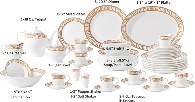Lorren Home Trends 57 Piece Bone China Dinnerware Set Gold Greek Key Design Service for 8