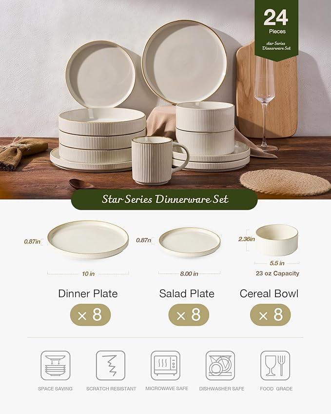 Famiware Star Dinnerware Set Plates and Bowls Sets for 8 (24pcs) Ribbed Stoneware Dishes - Chip &amp Scratch Resistant Microwave &amp Dishwasher Safe Tableware White