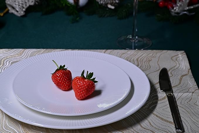 Dandilion Bone China Dinnerware Set 16 Pieces Service for 4 Plates Dishes Bowls Set Microwave and Dishwasher Safe Ivory White with Radial Lines