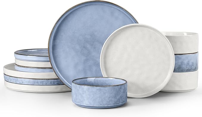 LIANYU Dinnerware Sets for 4 12 Piece Stoneware Dinner Plates and Bowls Dish Set Kitchen Dining Speckled Tableware Dishware Microwave &amp Dishwasher Safe Polar White &amp Serenity Blue