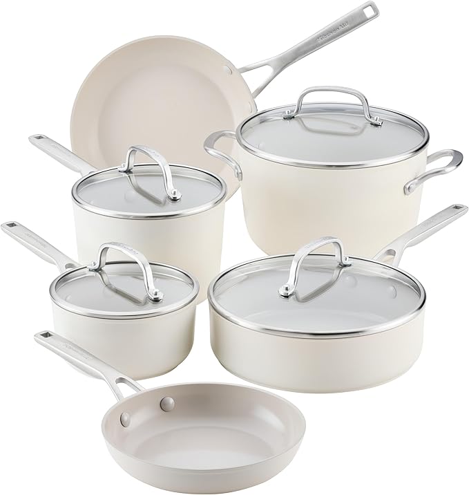 KitchenAid Hard Anodized Ceramic Induction Pots and Pans Dishwasher Safe Includes Saucepans Stockpot Sauté Pan Frying Pans/Skillets and Lids 10 Piece Cookware Set - Porcelain White