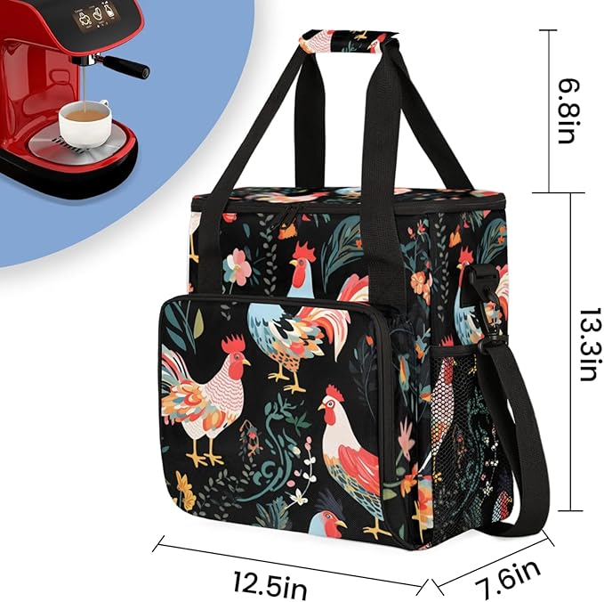 Roosters Flowers Coffee Maker Travel Bag for Keurig K-Mini/K-Mini Plus Insulated Waterproof Tote with Pockets for K-Cup Portable Single-Serve Brewer Case