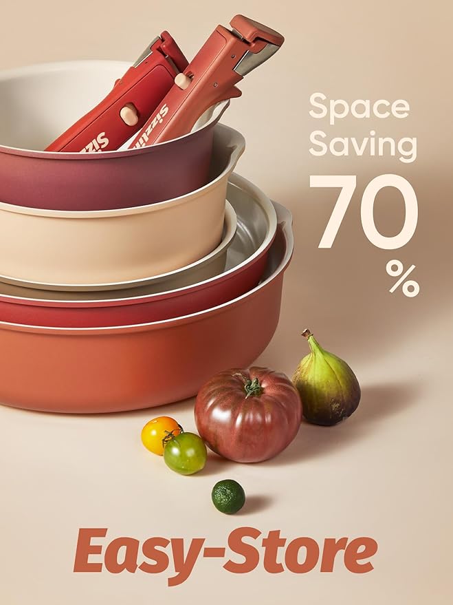 CAROTE 22 Pcs Ceramic Cookware Set Detachable Handle Non Toxic Pots and Pans Set Non Stick Induction Kitchen Cookware Removable Handles Oven Safe Stackable RV/Camping Cooking Set Multi-Color