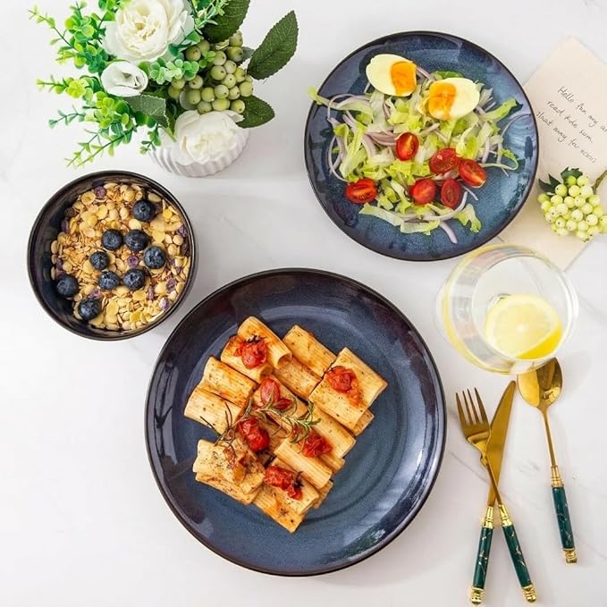 LERATIO Ceramic Dinnerware Sets for 8Stoneware Plates and Bowls SetsHandmade Reactive Glaze Dishes SetChip Resistant and Scratch Resistant | Oven&ampDishwasher &amp Microwave Safe-Blue(24PCS)