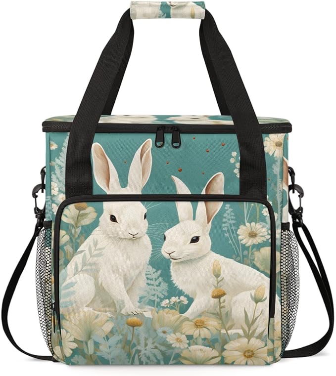 Easter Rabbit Coffee Maker Carrying Bag Chrysanthemum Travel Storage Bag Compatible with K-Mini or K-Mini Plus Single Serve Coffee Brewer Carrying Case with Multiple Pockets &amp Shoulder Strap