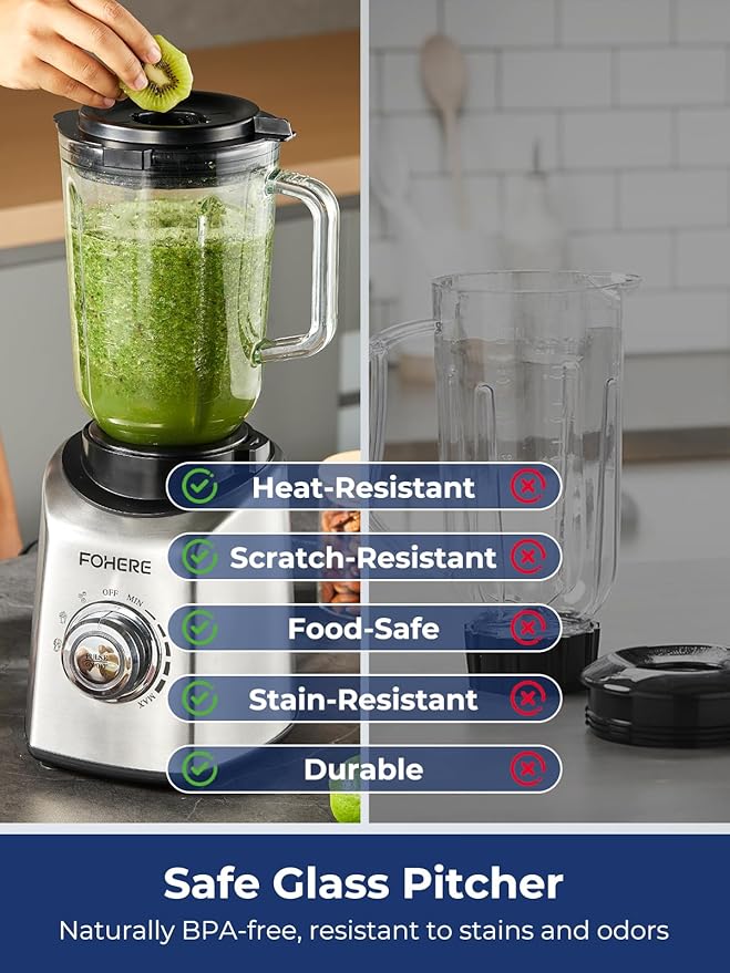 FOHERE Professional Blender Peak 1300W Countertop Blender with 3 Presets＆ 5 Speeds for Smoothies Shakes and Frozen Drinks 50 Oz Glass Jar ＆20 Oz Tritan Jug