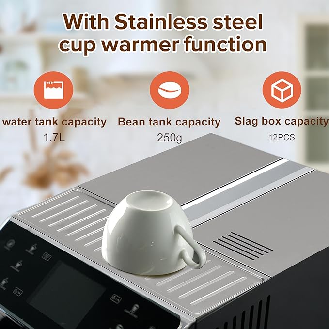 Fully Automatic Espresso Machine with Grinder One Touch Coffee Machine with Smart Touch Screen 19 Bar Espresso Coffee Maker for 20 Cup Espresso Americano Long Coffee Stainless Steel Silver