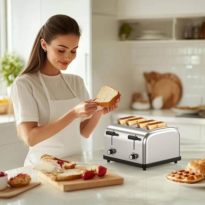 1800W Commercial Grade 4-Slice Pop Up Toaster -Stainless Steel 6-Browning Settings for Bread with Removable Crumb Tray for Bagel Bread English Muffins Waffles (Commercial &amp Home Use)