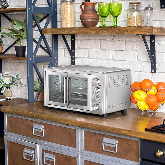 47.6 Quart French Door Countertop Convection Oven with Rotisserie Stainless Steel Toaster Oven with Timer Bake Tray and Accessories